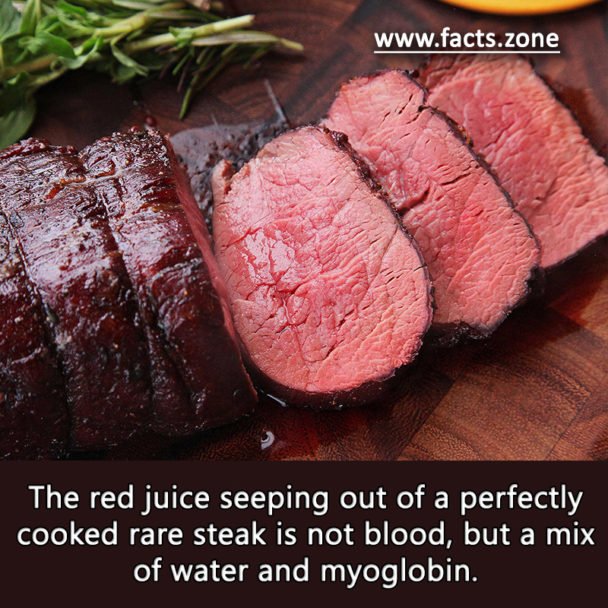 The red juice seeping out of a perfectly cooked rare steak
